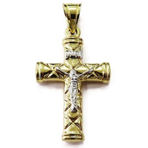 14K Two Tone Yellow & White Gold Cross Crucifix Charm Necklace Pendant