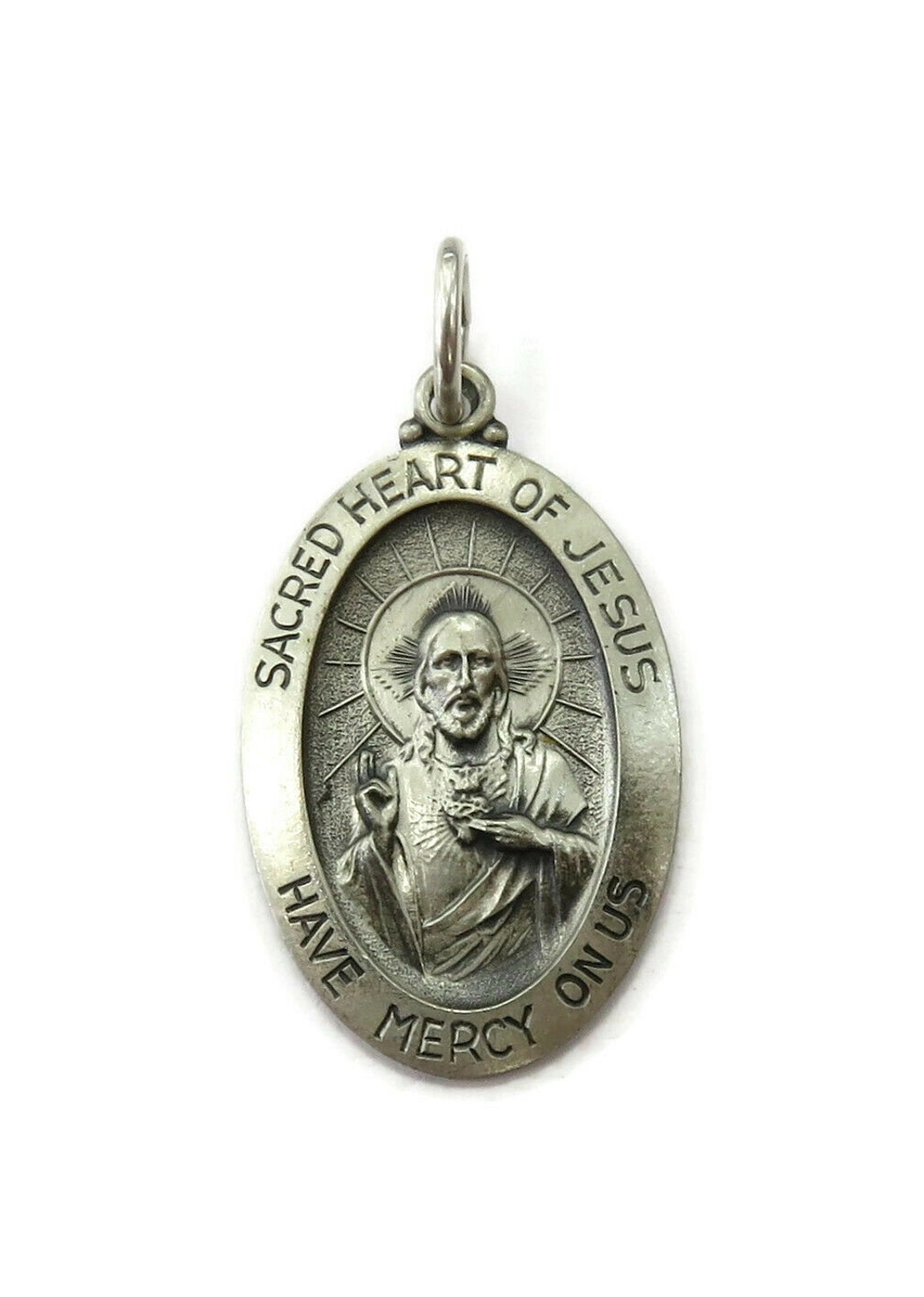 Sterling Silver 0.925 Oval Sacred Heart of Jesus Medal Necklace Pendant ...