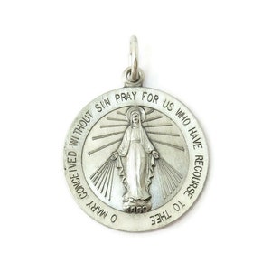 Sterling Silver 0.925 Round Miraculous Virgin Mary Medal Necklace Pendant Charm