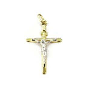 14K Yellow Gold Two Tone Cross Crucifix Charm Necklace Pendant ~ 0.9