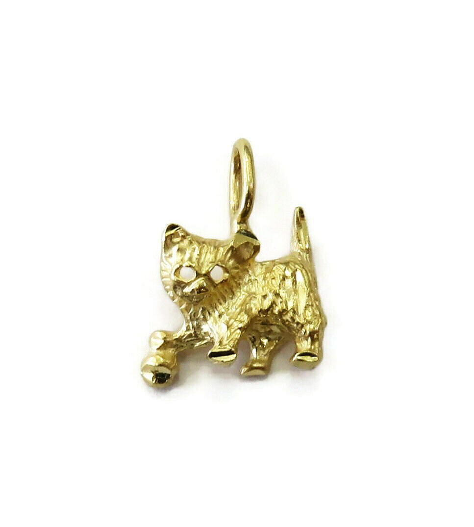 14K Yellow Gold Playing Cat Charm Necklace Pendant ~ 1.3g