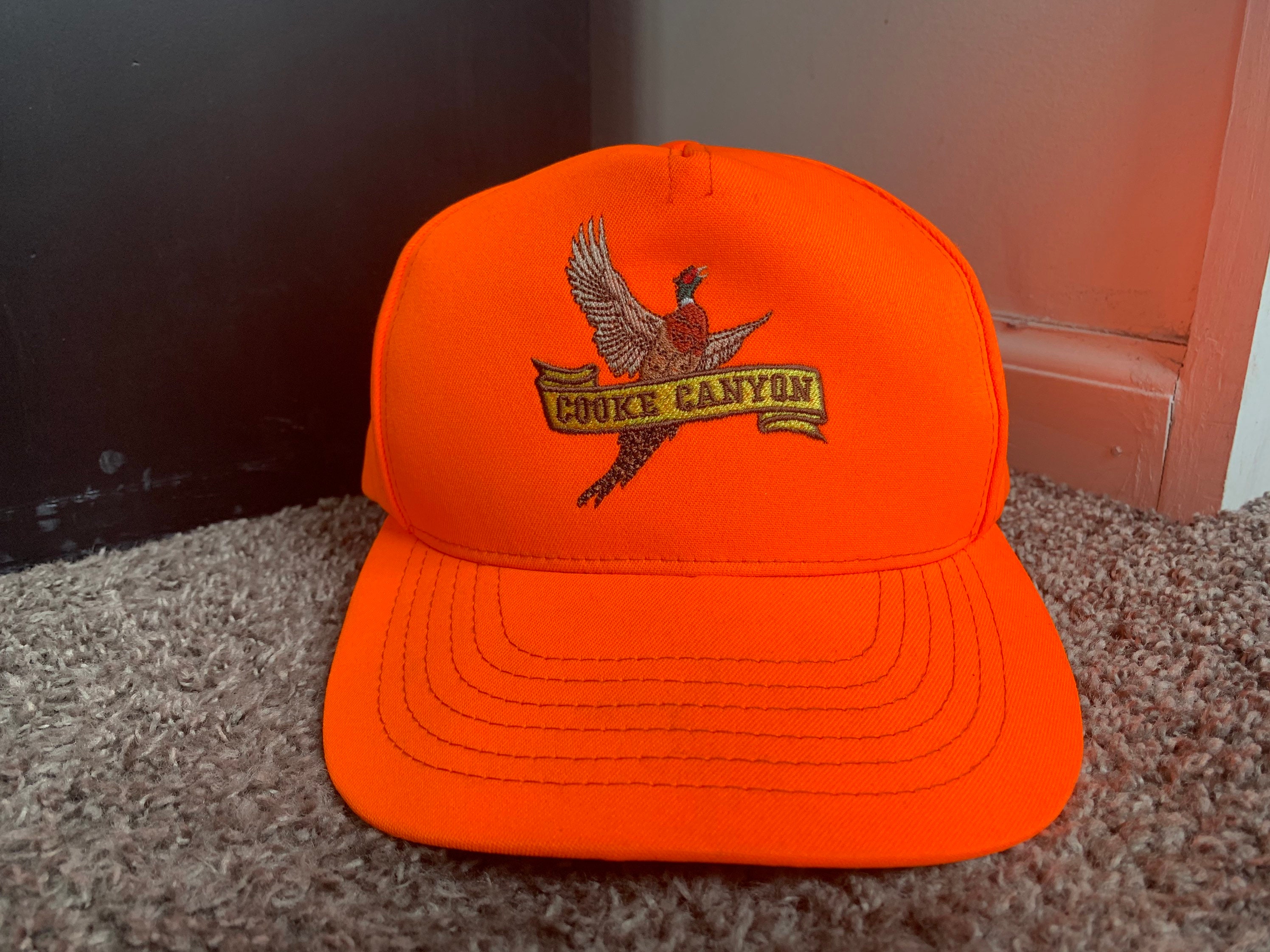 Vintage Cooke Canyon Blaze Orange Leather Strap Back Hat 