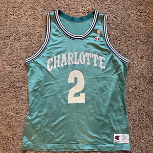 Larry Johnson Teal Blue Charlotte Hornets Champion Jersey Size 48 XL