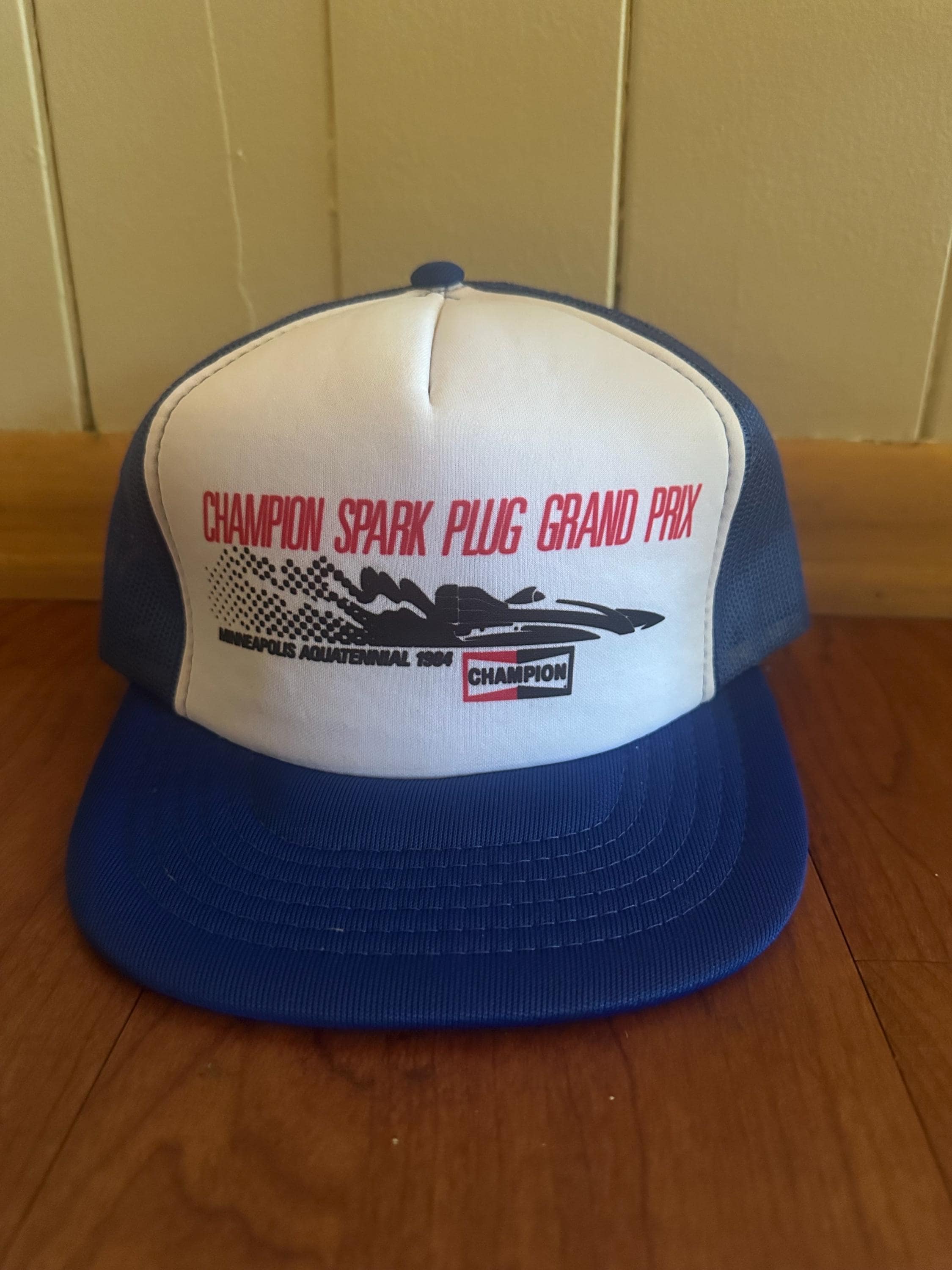 Vintage Navy and White Champion Spark Plug Grand Prix Racing
