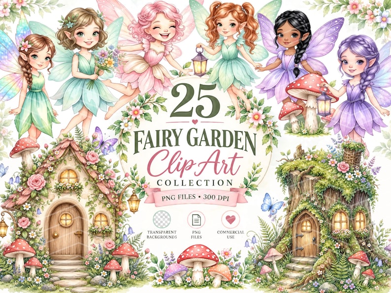 Watercolor Fairy Garden Clip Art Bundle, Enchanted Forest Pngs ...