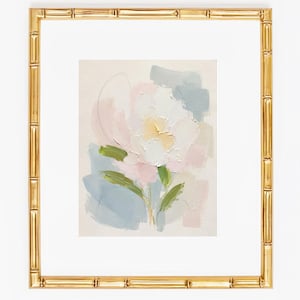 May include: A framed painting featuring an abstract floral subject with thick, textured brushstrokes in shades of white, pale pink, soft yellow, and muted blue-green, set within a metallic gold frame with a decorative bamboo-style texture.