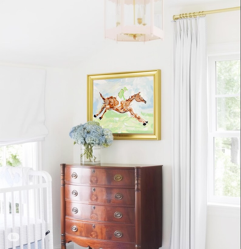 A room corner featuring a dark wooden chest of drawers, a vase of hydrangeas, and a framed horse painting on the wall.