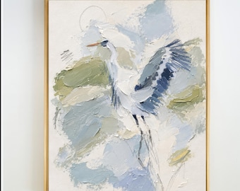 Abstract Landscape Grandmillennial Art: Modern Southern Hand Painted Oil Pastel Blue Heron (Download)