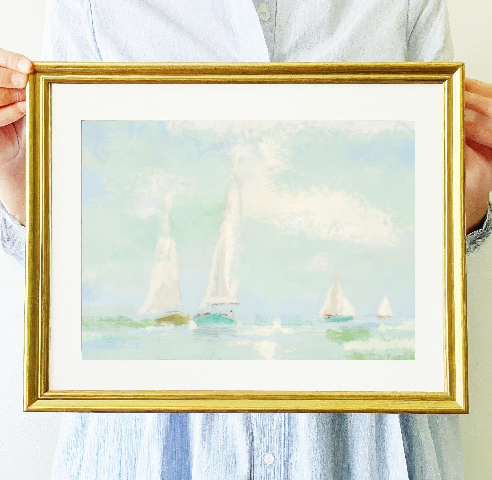 Grandmillenial Wall Decor | Nursery Pastel Landscape Digital Art Print | Sailboat Marsh Vintage Oil Painting -  Marshall by Abby Matthews