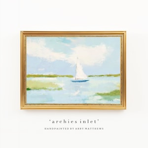 Abstract Landscape Grandmillennial Art: Modern Southern Hand Painted Oil Pastel Sailboat Coastal (Download) - ARI1