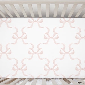 Crib Sheet in Pink Bow Lattice | Nursery Decor | Baby Newborn Toddler Bedding | Gender Neutral | Shower Gift | Resort Inspired