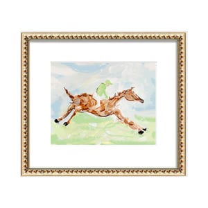 A framed art print showing an expressive painting of a horse and jockey galloping.