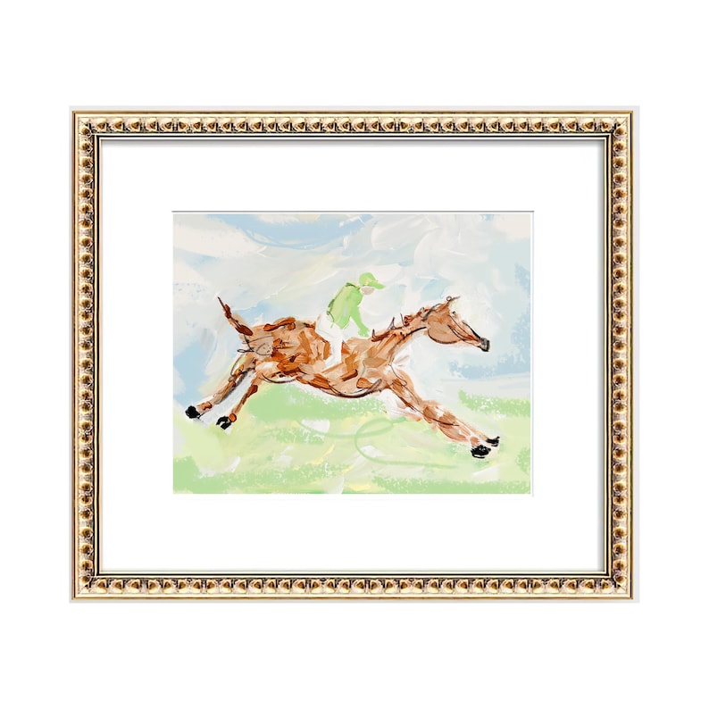 A framed art print showing an expressive painting of a horse and jockey galloping.