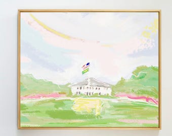 Augusta Golf Art - Pink Green Mixed Media Digital Download, Grandmillennial Landscape