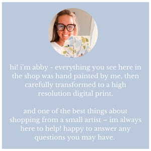 Text on a blue background introducing the shop owner Abby and explaining the handmade print process.