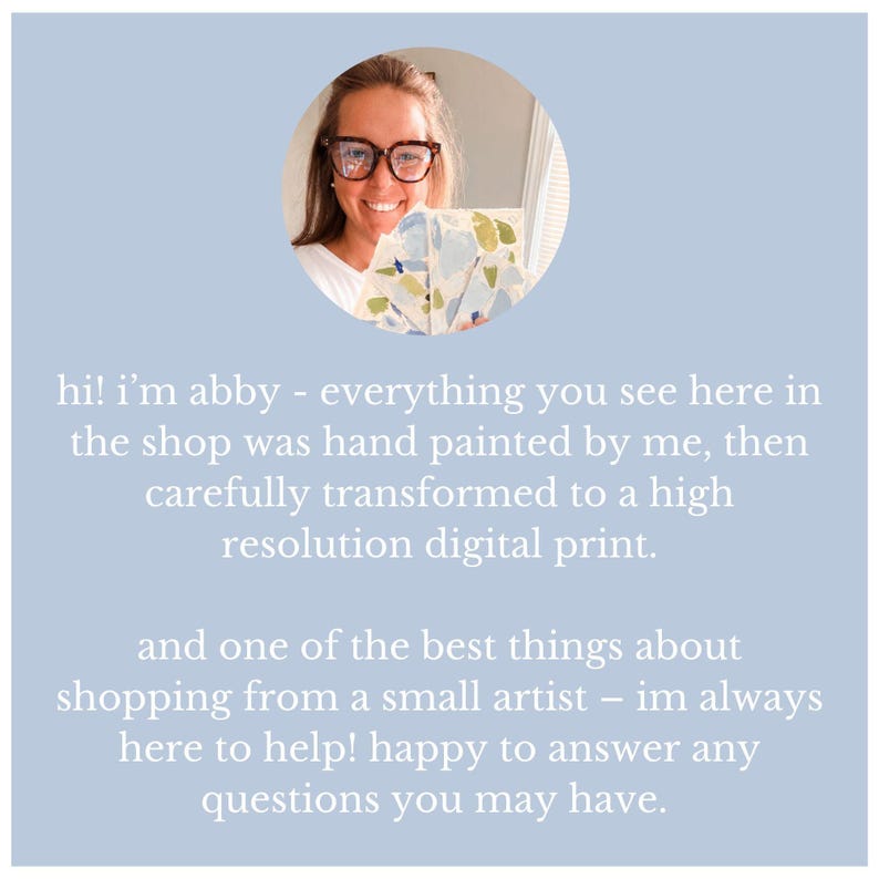 Text on a blue background introducing the shop owner Abby and explaining the handmade print process.