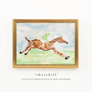 A digital mockup displaying the framed horse painting with the text churchill digitally handpainted by abby matthews underneath.