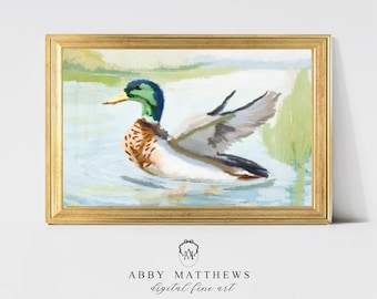 Grandmillenial Wall Decor | Nursery Mallard Duck Blue Marsh Pastel Landscape Digital Art Print | Vintage Painting - James by Abby Matthews