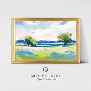 grandmillennial Wall Decor | Blue Green Pink Sky Field Pastel Landscape Digital Art Print | Vintage Oil Painting -  Pia by Abby Matthews