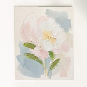 May include: An abstract painting on a light background featuring a central white flower with a pale yellow center. The artwork uses thick, textured paint strokes in shades of soft pink, sage green, and muted blue, accented by thin, dark pencil lines.