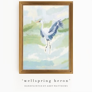 Abstract Landscape Grandmillennial Art: Modern Southern Hand Painted Oil Pastel Blue Heron (Download) - WH