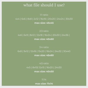 May include: A sage green informational chart titled what file should I use? listing various aspect ratios including 1:1, 2:3, 3:4, 4:5, and 11:14 with corresponding imperial measurement options and maximum print sizes for each category.