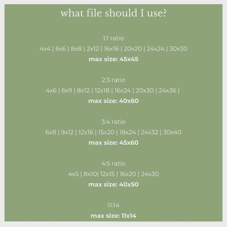May include: A sage green informational chart titled what file should I use? listing various aspect ratios including 1:1, 2:3, 3:4, 4:5, and 11:14 with corresponding imperial measurement options and maximum print sizes for each category.