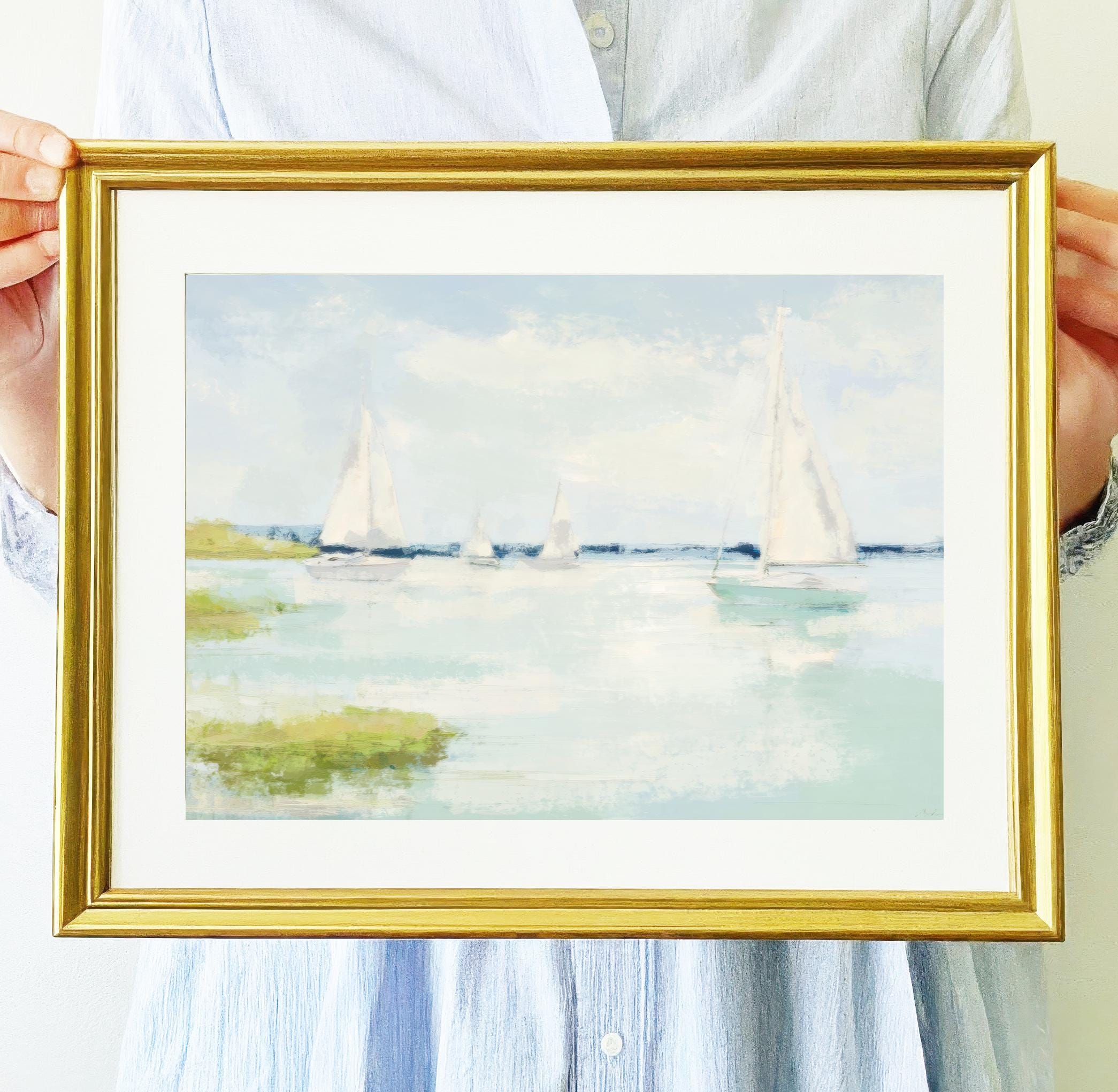 Grandmillenial Wall Decor | Nursery Pastel Landscape Digital Art Print | Sailboat Marsh Vintage Oil Painting -  Fitz  by Abby Matthews