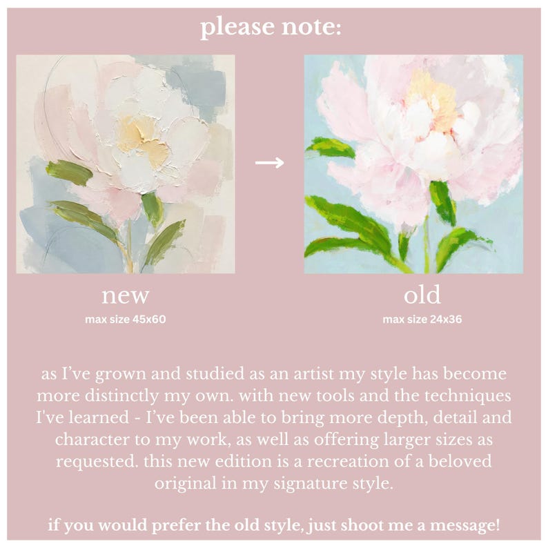 May include: A comparison graphic showing a new and old floral painting. The new painting features a pale pink peony with green leaves on a cream background, labeled max size 45x60. The old painting shows a pink peony on a light blue background, labeled max size 24x36. Text explains the evolution of the artist's style and size options.