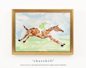 Horse Jockey Derby Painting: Vintage Hand Painted Grandmillennial Wall Art (Download) - Churchill