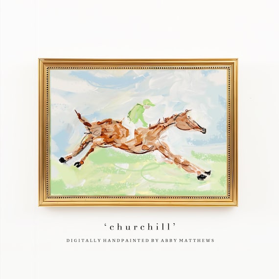 Horse Jockey Derby Painting: Vintage Hand Painted Grandmillennial Wall Art (Download) - Churchill
