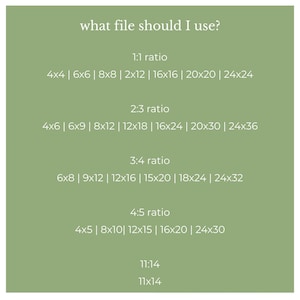 An information graphic on a green background listing various aspect ratios and print sizes.