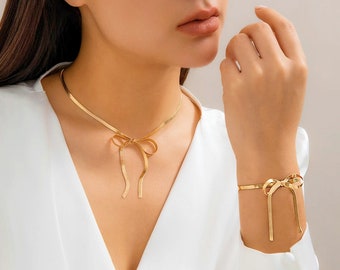 Coquette Bow Necklace and Bracelet Set: Snake Chain Jewelry