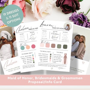 Carte de proposition de demoiselle d'honneur modifiable, modèle d'informations sur la fête de la mariée, carte d'informations de demoiselle d'honneur, carte d'informations de garçons d'honneur, infographie de mariage