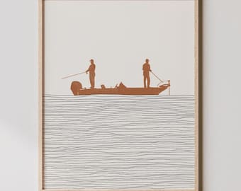 Boho visserijkunst - kunst aan de muur vissen / decor, minimalistische basbootposter, zeebaarsvissen print - visser decor, visser cadeau
