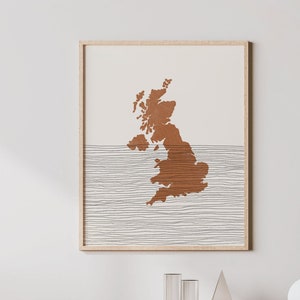 Impression du Royaume-Uni - oeuvre d'art murale Boho Royaume-Uni, affiche de voyage à la campagne, silhouette de carte du Royaume-Uni et idée cadeau