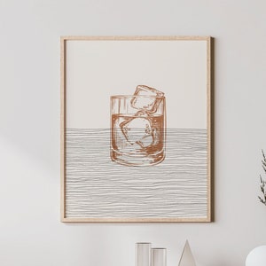 Boho Whiskey Art Whiskey Wall Art / Decor, Minimalist Cocktail Poster, Old Fashioned Print Cocktail Gift image 1