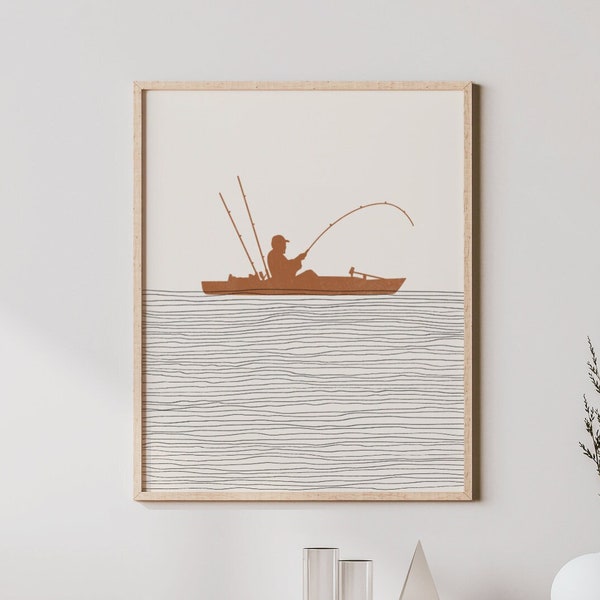 Boho Kayak Fishing Art - Kayak Fishing Wall Art / Decor, Minimalist Kayak Fisher Poster, Boy Kayak Fisher Print - Kayak Fishing Gift