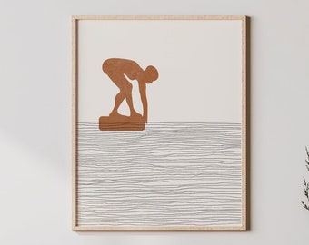 Boho Swimming Art - Swimming Wall Art / Decor, Minimalist Swimmer Poster, GIrl Swimmer Print - Swimming Gift