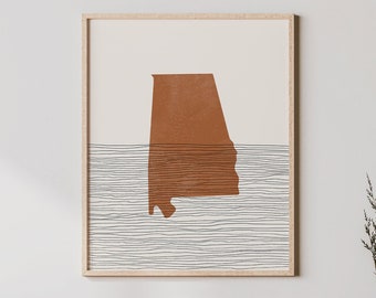Decoración boho: arte mural de Alabama de mediados de siglo, arte minimalista e impresión abstracta, impresión del mapa del estado de Alabama