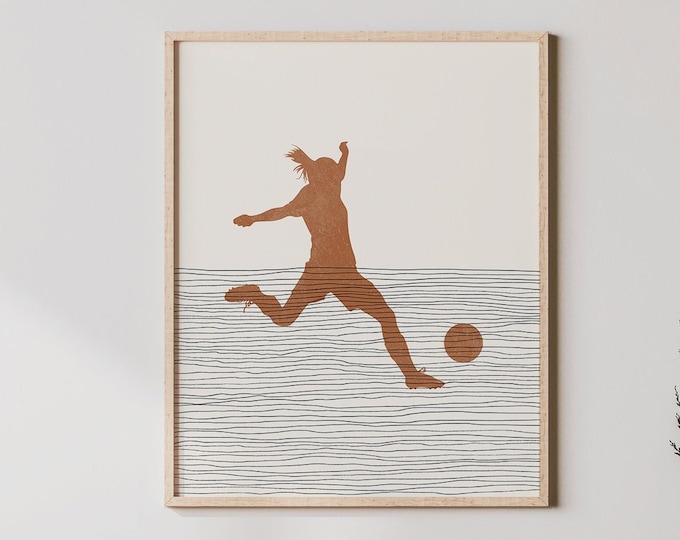 Boho Soccer Player Print - Soccer Player Wall Art / Decor, Minimalist Soccer Poster, Girl Soccer Player Illustration, Teammate Gift