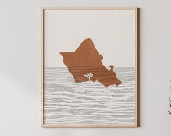 Oahu Art Print - Boho Oahu Hawaii Wall Art and Decor, Travel Poster, Oahu Map Silhouette and Gift Idea