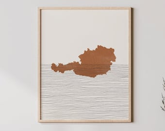 Impresión de Austria: arte de pared y decoración boho de Austria, póster de viaje por el país, silueta de mapa de Austria e idea de regalo