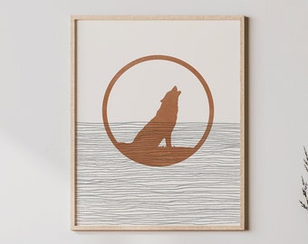 Boho Howling Wolf Print - Howling Wolf Wall Art / Decor, Minimalist Poster, Wolf Illustration, Gift Idea