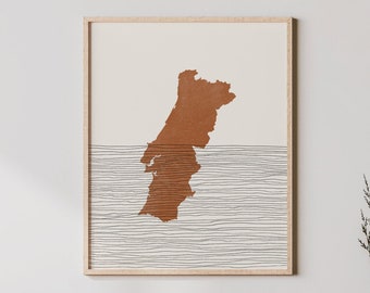 Impresión de Portugal: arte de pared y decoración boho de Portugal, póster de viaje por el país, silueta de mapa de Portugal e idea de regalo