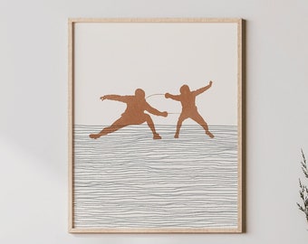 Boho Fencing Print - Fencing Wall Art / Decor, Minimalist Fencer Poster, Man Fencing Illustration, Teammate Gift
