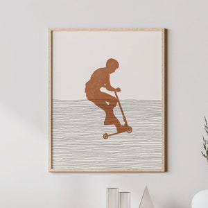 Boho Scootering Art - Scootering Wall Art / Decor, Minimalist Scooter Rider Poster, Boy Scooter Rider Print - Scootering Gift