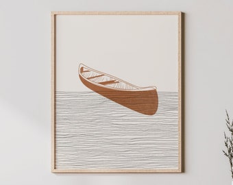 Boho Canoe Art - Arte de parede de canoa / decoração, pôster minimalista de canoagem, impressão de lago - presente de canoagem