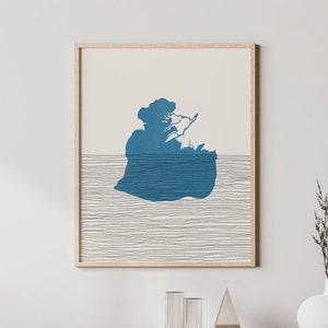 May include: A minimalist living room interior with a wooden console table, a chair, and a framed print of a blue island with white lines on a beige background.