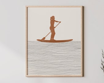 Boho Paddle Boarding Art - Paddle Boarding Wall Art / Decor, Minimalist Stand-Up Paddle Boarder Poster, Girl Paddle Boarder Print - SUP Gift